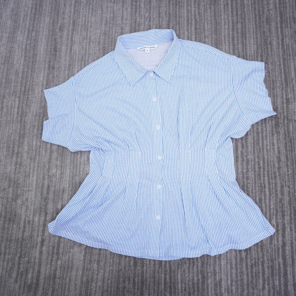 Mesh+Lace Blue White Striped Peplum Button Down Shirt Women Medium Short Sleeve - Picture 2 of 10